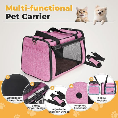 YUDODO 25 lbs Lightproof Soft Sided Pink Pet Carrier for Large Cat & Small Dog Airline Approved Travel Bag Puppy Carriers with Side Pockets & Reflective Mesh, Foldable Portable for Outdoor Car