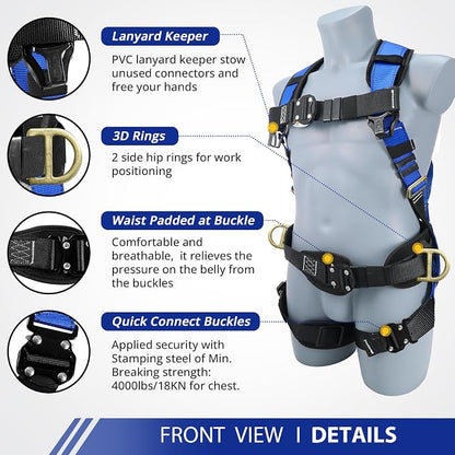 TRSMIMA Safety Harness Fall Protection - Harness Kit for Men Construction | Fall Arrest Roofing Harness Kit Men Full Body Harness with Lanyard for Work Upgrade 4 Quick Buckles Orange