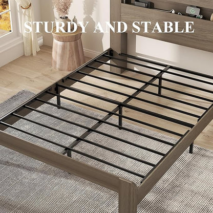 Wooden Bed Frame Full Size with Storage Headboard - Farmhouse Platform Bed Frame with Bookcase Shelf & Led Lights, Sturdy Wood Slat Framework Bed Frame (Light Brown LED)