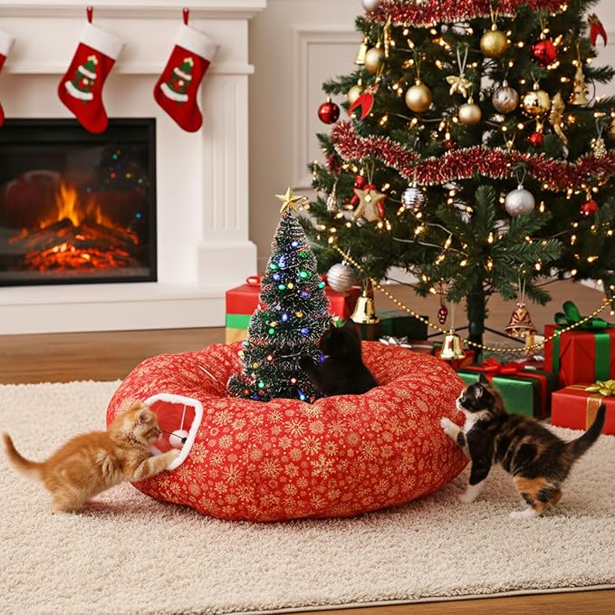 Cat Tunnel Bed Under Christmas Tree 36'' Kitten Circle Donut Tunnel Skirt with Ball Mat Decorative Xmas Folding Home Kitty Guard Tube Holiday Party Indoor Pet(Red Gold,Snowflake)