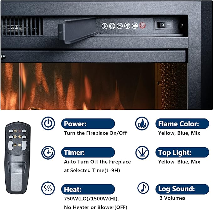33 Inches Electric Fireplace Insert, 750W/1500W Fireplace Heater