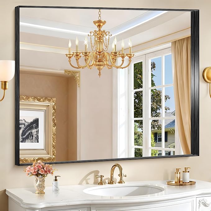 CIRCUMI Black Bathroom Mirror, Brushed Finish, Tempered Glass, Large Mirror