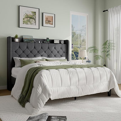 SHA CERLIN Queen Platform Bed Frame with Charging Station, Velvet Wingback Headboard with Storage Shelf, Wooden Slats Support, Ample Under-Bed Space, No Box Spring Needed, Easy Assembly, Dark Grey