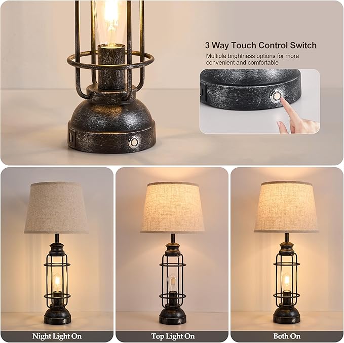 28" Table Lamps for Living Room Set of 2, 3 Way Dimmable Touch Lamps with USB A+C Ports,Farmhouse Table Lamps for Bedroom,Industrial Lamp for Living Room End Tables, 4 Bulbs Included