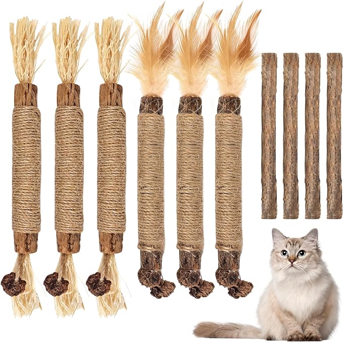Bissap 10 PCS Silvervine Chew Sticks for Cats, Catnip Chew Sticks Cat Toys for Indoor Cat Kitten Teeth Grinding Interactive Feather Toys for Aggressive Chewers Dental Care