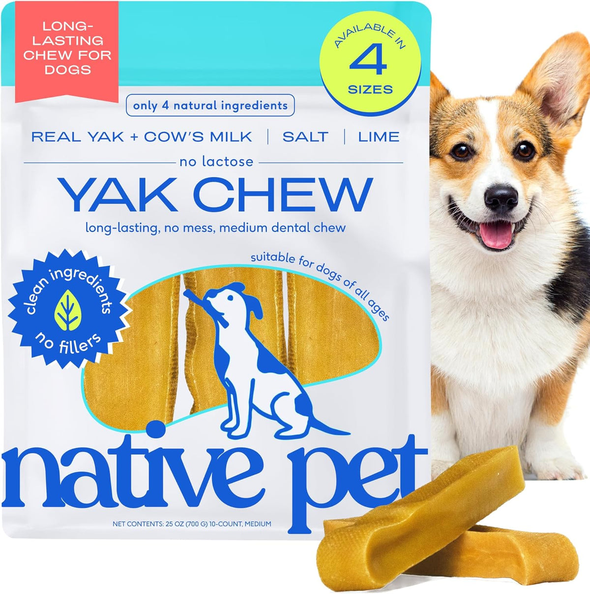 Native Pet Yak Cheese Himalayan Dog Chews - Long Lasting Dental Sticks for Medium Breeds – 100% All Natural Himalayan Yak Chews for Medium Dogs – Cheese Bone for Aggressive Chewers - 10 Per Pack