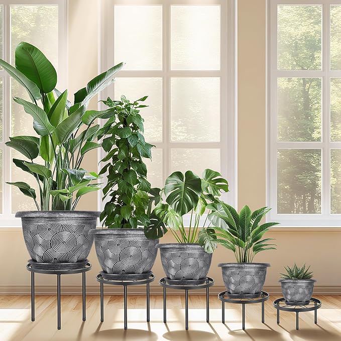 10-Inch -Plastic-Pots -For-Plant With Saucer, 4 Pack Outdoor Planters With Drainage Holes, Decorative Flower Pots For Indoor Plants, Modern 3D Swirl Silver Plant Pots With With Removable Tray