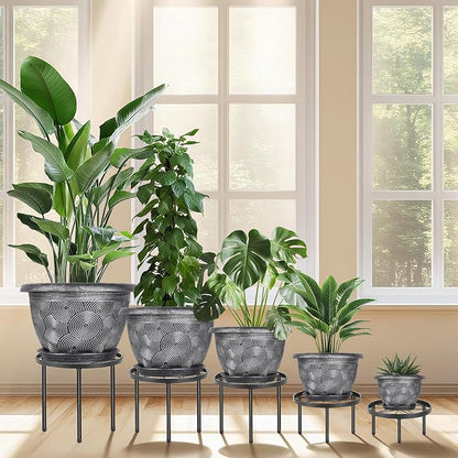 12-Inch -Plastic-Pots -For-Plant With Saucer, 4 Pack Outdoor Planters With Drainage Holes, Decorative Flower Pots For Indoor Plants, Modern 3D Swirl Silver Large Plant Pots With With Removable Tray