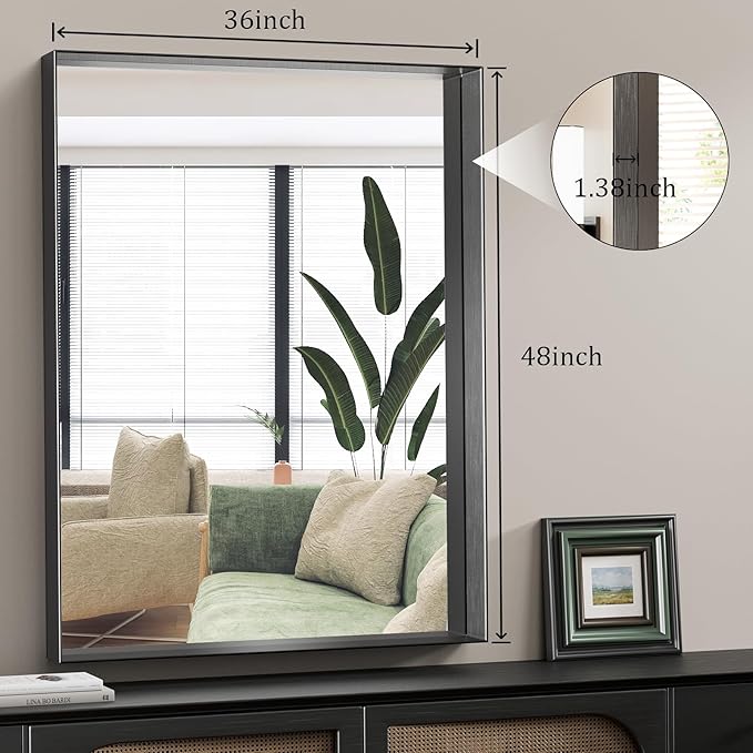 Koonmi 36x48 Inch Black Metal Framed Bathroom Mirror