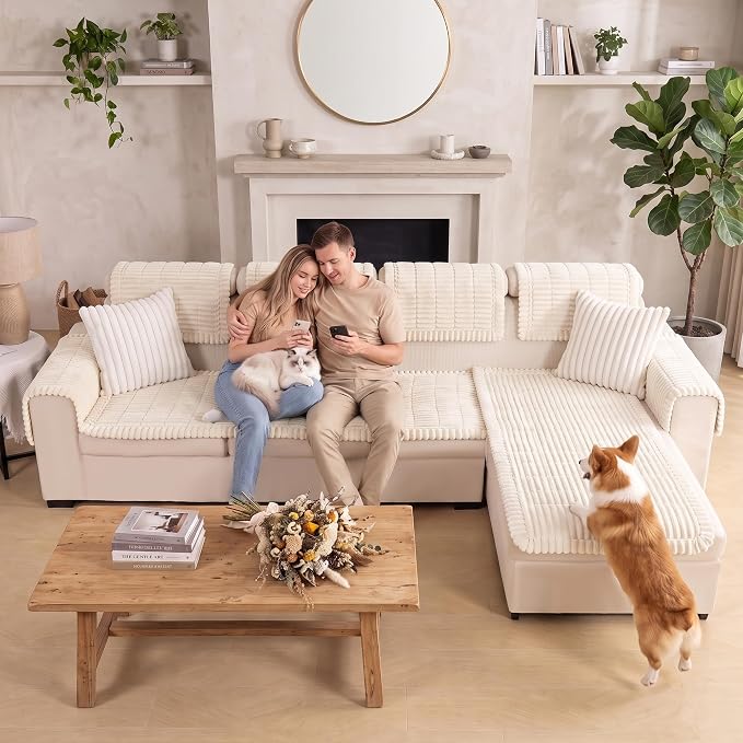 FUANGUI 2 Pack Waterproof Couch Cover for Dogs Pets Sofa Protector | Non-Slip Washable Fuzzy Soft Sofa Slipcover for 2 PCS L Shaped Sofa Pet Friendly, 27.6" x 59.1"+27.6" x 70.9", Beige