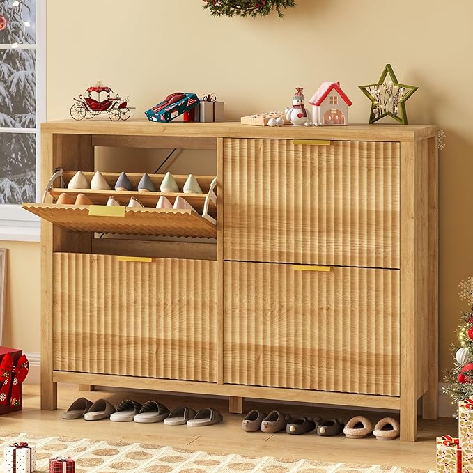 Shoe Cabinet Storage for Entryway, Fluted Shoe Cabinet