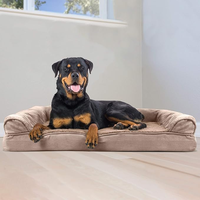 Furhaven Orthopedic Dog Bed for Large Dogs w/ Removable Bolsters & Washable Cover, For Dogs Up to 95 lbs - Plush & Suede Sofa - Almondine, Jumbo/XL