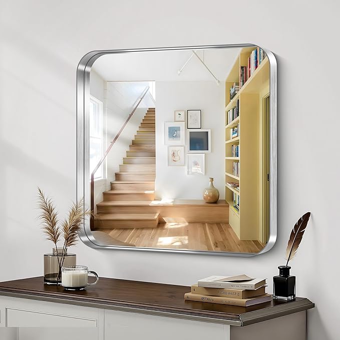 CIRCUMI Silver Bathroom Mirror, Rounded Corner, Tempered Glass, Square Mirror