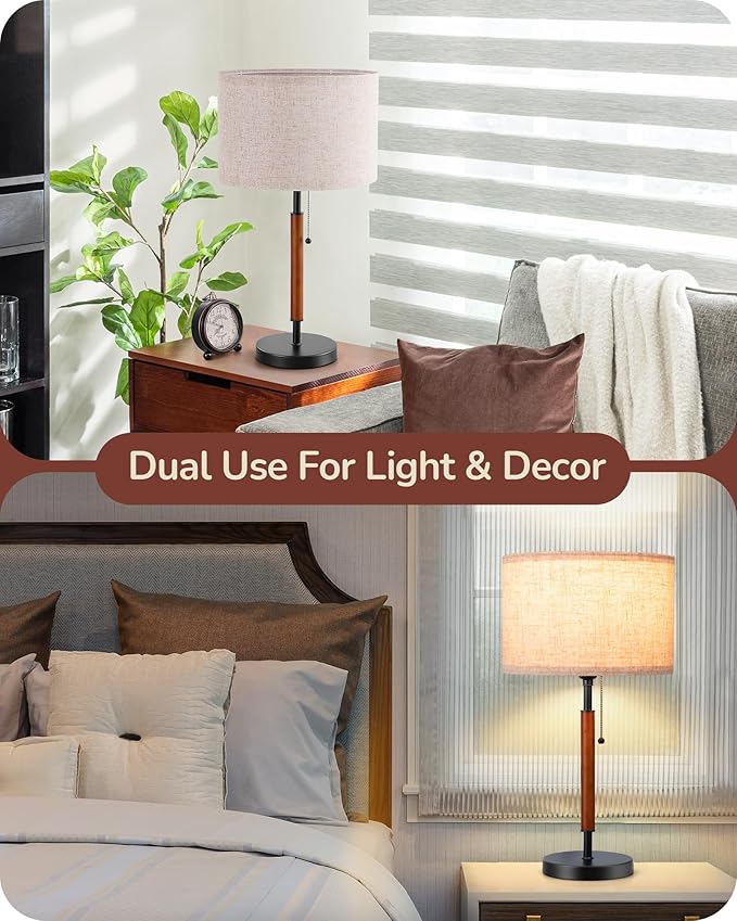 EDISHINE Mid Century Table Lamp, Pull Chain Switch Bedside Lamp with Linen Shade, Solid Wood Pole & Black Metal Base, Modern Nightstand Lamp for Bedroom, Living Room, Office, E26 Base