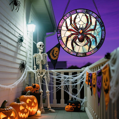 Stained Glass Window Hanging - Halloween Decorations Red Spider Goth Suncatcher for Doors Garden Indoor Funny Spooky Sun Catchers Gothic Decor Horror Gifts for Women Men Friend 7.8 in
