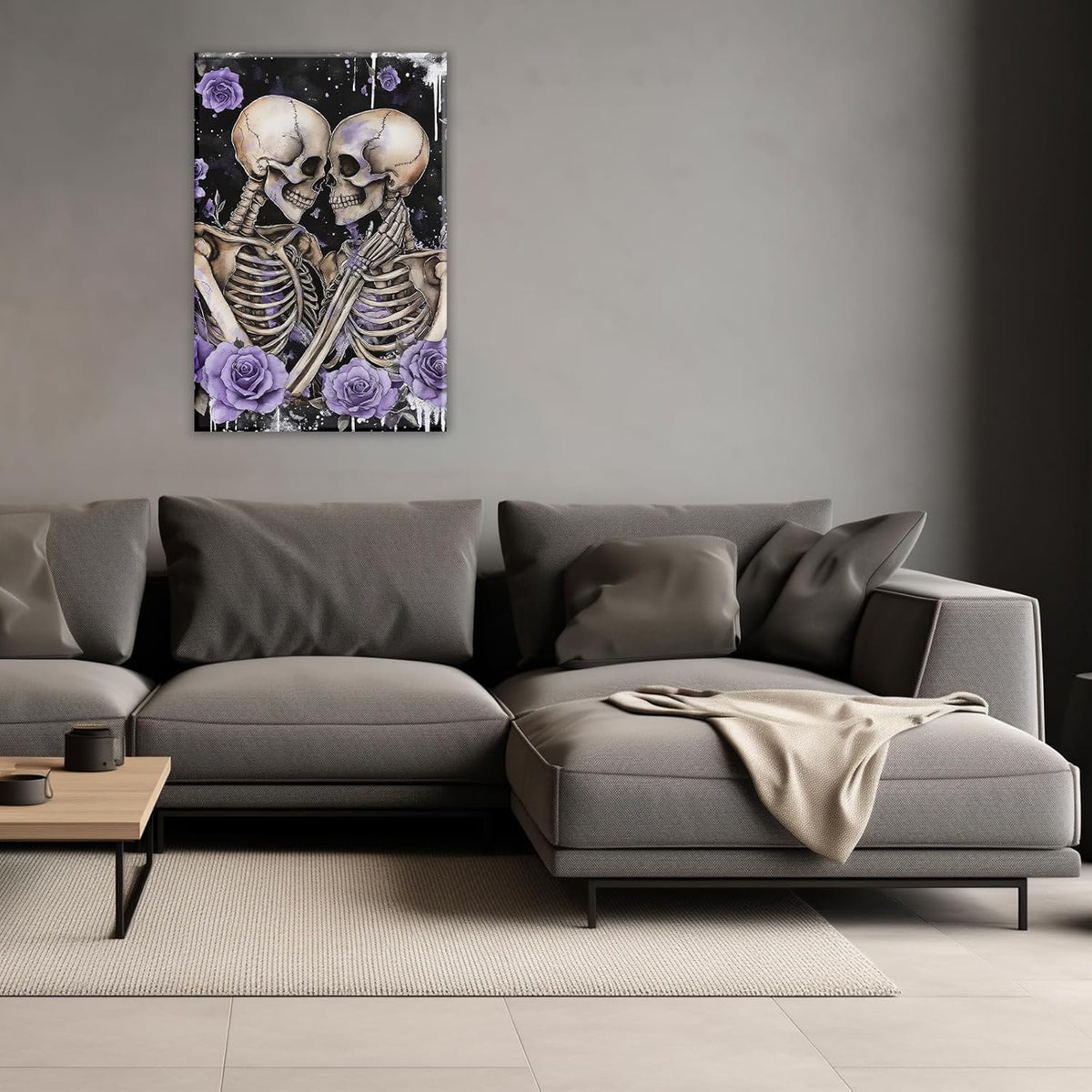 Skull Canvas Wall Art Couple Skeleton Holding Each Other Picture Art Poster Abstract Lover Painting Modern Artwork Horrible Halloween Decor(Artwork-2,16"x24")