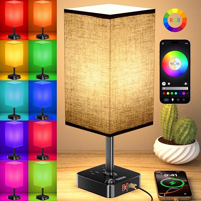 RGB Table Desk Lamp with 16 Million Colors & Music Sync | Smart Color Changing Nightstand Light Stepless Dimmable Warm-Cool White + USB Charging AC Outlets for Gaming,Home Office,Bedroom Mood Lighting