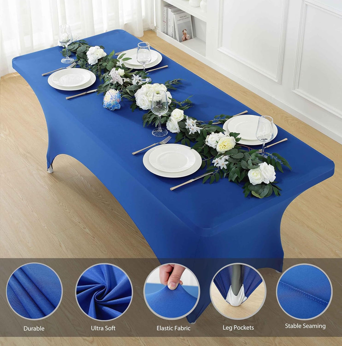 Craft And Party 2 Pack 8ft Royal Blue Spandex Tablecloth – Fitted Stretch Cover – Universal Fit for Folding Tables – Wrinkle-Free, Washable – Ideal for Parties, Weddings, Events