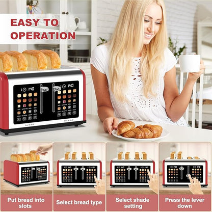 4 Slice Toaster Touch Screen, Stainless Steel Toasters Digital Timer, Dual
