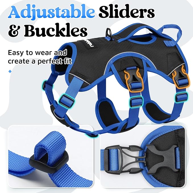 rabbitgoo Escape Proof Dog Harness for Large, No Pull with Lift Handle | No Escape, Full Soft Padded, Reflective Adjustable Vest, Leash Clip for Walking Hiking Training, Blue & Black, Large