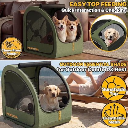 PAWZIDEA Portable Dog Crate for Car Travel, Medium & Large Dogs Up to 80lbs | Soft-Sided Dog Car Kennel for Backseat, Secures Seatbelt & Headrest Strap, Collapsible Enclosed Car Seat Carrier, Chew-Proof