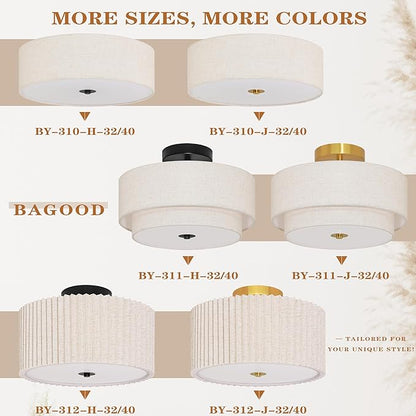 2 Light Semi Flush Mount Ceiling Light Fixture 12.6 Inch Modern Black Drum Ceiling Light Fixture with 2-Layer Fabric Shade Dimmable Close to Ceiling Light for Living Room Hallway Bedroom Entryway