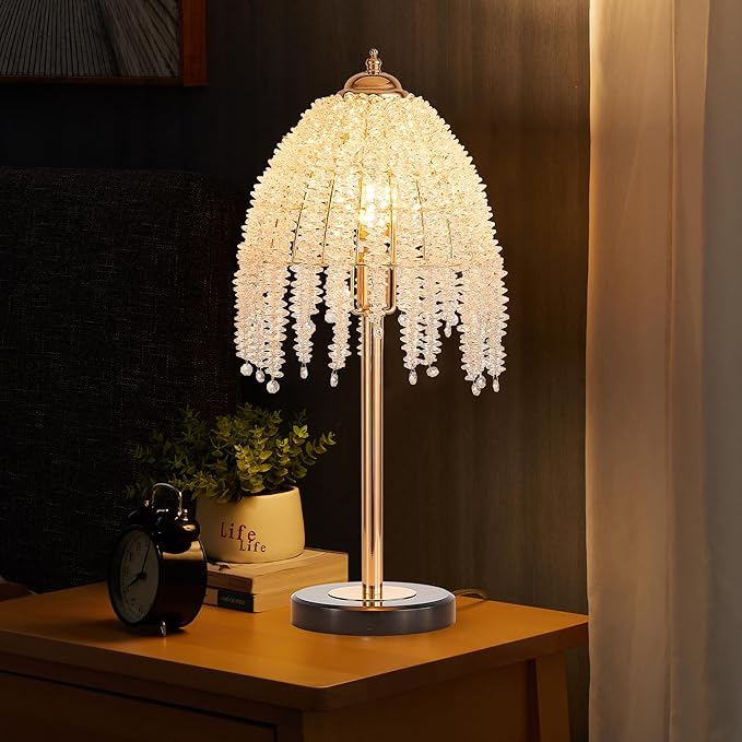 Vintage Style Floor Standing Lamp, Waterfall Design with Grape-Shaped Tall Gold Pole Light, Modern Dimmable Crystals Standing Lamps (Table Lamp-Gold+Iron-6)