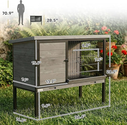 PawHut Elevated Rabbit Hutch Outdoor, Wooden Rabbit Cage Bunny House with Pull-Out Tray and Openable Plastic Roof for Indoor Outdoor, Light Gray