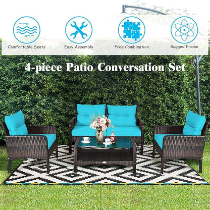 Tangkula 4 Piece Patio Furniture Set, Outdoor Wicker Conversation Set with Glass Top Coffee Table, All Weather Proof and Thick Cushions, Suitable for Porch, Garden, Poolside and Lawn (Turquoise)