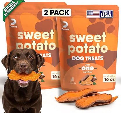 Davie's Sweet Potato Dog Treats - Healthy, Natural, Low Fat Chews Made in USA - 1 lb Bag, Pack of 2