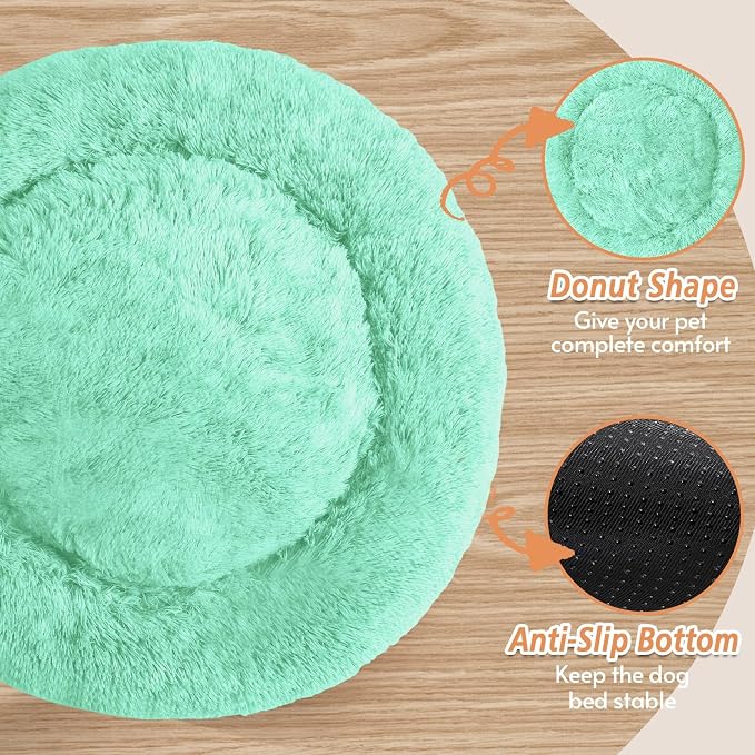 JOLLYVOGUE Calming Dog Bed Medium Size Dog, Anti-Anxiety Donut Medium Pet Bed, 27 inches Fluffy Faux Fur Round Cat Bed (Mint Green)