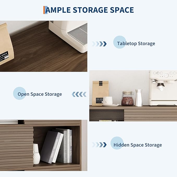 IDEALHOUSE Fluted Cabinet with Sliding Doors, Modern Wooden Storage Cabinet