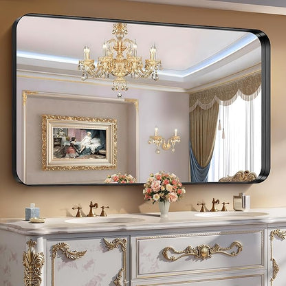 CIRCUMI Black Bathroom Mirror, Rounded Corner, Tempered Glass, Large Mirror