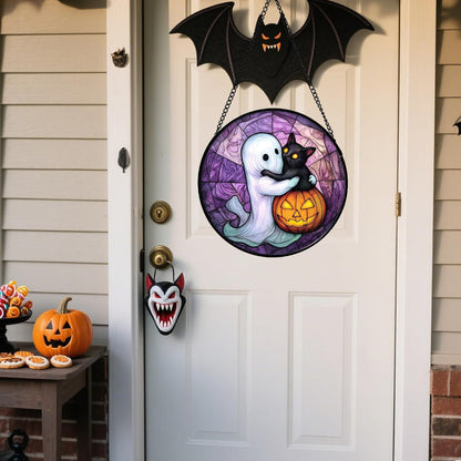 Stained Glass Window Hanging - Halloween Decorations Ghost Black Cat Pumpkin Suncatcher for Door Garden Spooky Purple Sun Catchers Gothic Decor Horror Gifts for Women Men Friend Boy 11.8 in