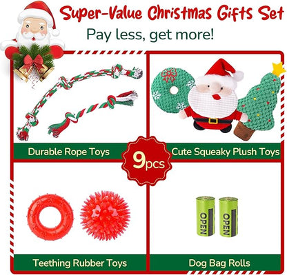 KIPRITII 9 Pack Xmas Puppy Dog Toys Set with Dog Squeaky Toys, Chew Toys & Puppy Teething Toys for Small Dogs and Puppies