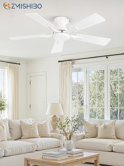 ZMISHIBO 42 Inch Ceiling Fan No Light, Flush Mount Low Profile, Modern White