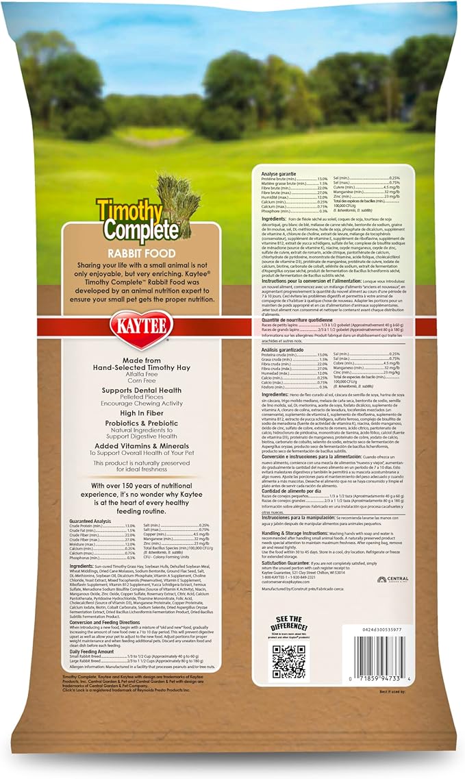 Kaytee Timothy Complete Rabbit Food, Made with Timothy Hay, High in Fiber, Supports Dental Health and Digestion, 9.5 pounds
