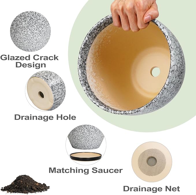 10 Inch Plant Pot - Ceramic Planter for Indoor Outdoor, Round Large Plant Pots, Modern Planter with Drainage Hole and Tray, Home Room Office Garden Decor, Gifts for Women Men, White-Black