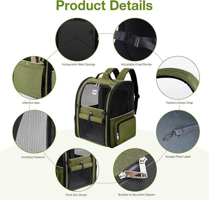 Large Cat Backpack Carrier Expandable Pet Carrier Backpack for Small Dogs Medium Cats Fit Up to 18 Lbs, Dog Backpack Carrier, Foldable Puppy Backpack Carrier for Travel, Hiking,Dark Green