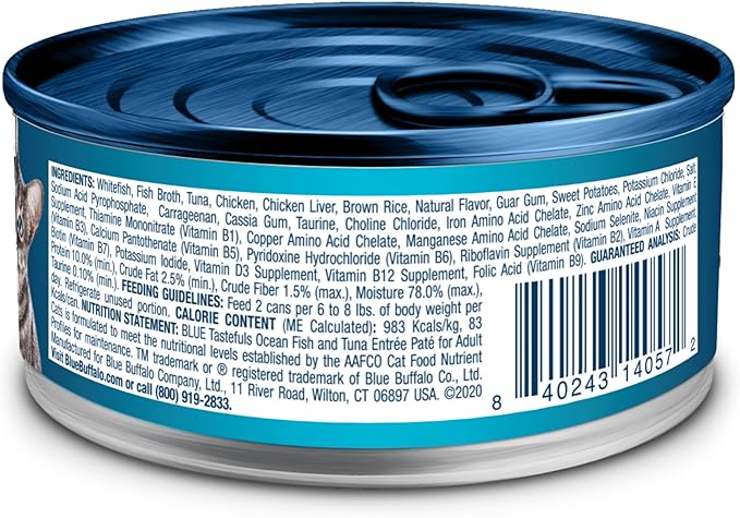 Blue Buffalo Tastefuls Wet Cat Food Paté, Made with Natural Ingredients | Ocean Fish and Tuna Entrée, 3-oz. Cans (24 Count)