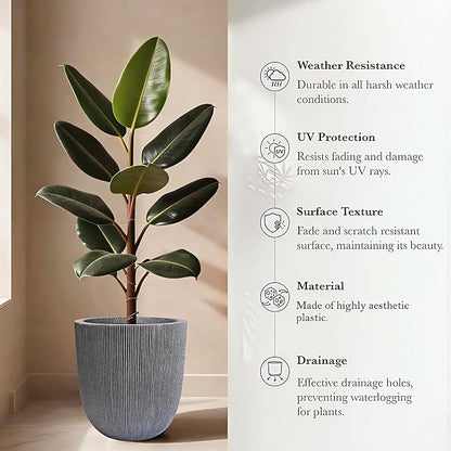 12.4" Tall Round Tapered Planter - Gray Faux Cement Finish, Lightweight Durable Plastic Plant Pot with Drainage Hole & Plug, Weather & UV Resistant Pot for Plants Indoor/Outdoor Use, 10.5" Opening