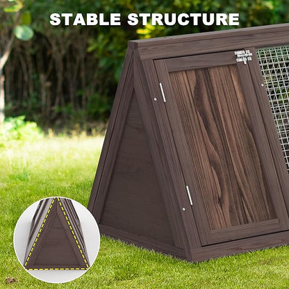 Small Chicken Coop, Rabbit Hutch Outdoor, Wooden Triangle Rabbit Cage with 2 Door & Poultry Run, Portable Bunny Hutch for Chicken, Rabbit, Guinea Pigs, Hedgehog, Small Animals (Rustic Brown)
