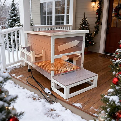 Rockever Heated Cat House for Outside Cats in Winter, Large Heated Cat Houses with Heating Pad, Wooden Outside Cat Shelter Weatherproof with Escape Door