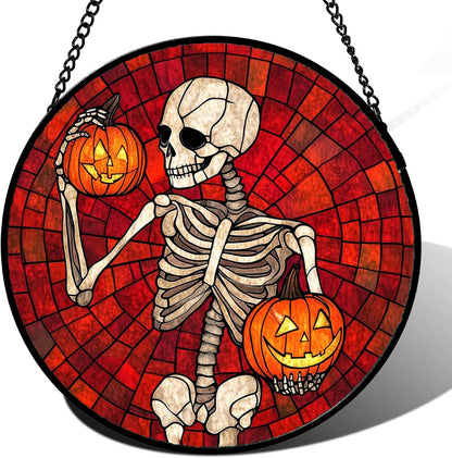Stained Glass Window Hanging - Halloween Decorations Skeleton Pumpkin Suncatcher for Doors Garden Indoor Spooky Funny Sun Catchers Gothic Decor Horror Gifts for Women Men Friend 11.8 in