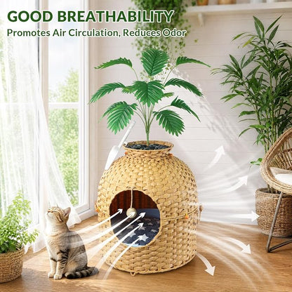 Cat Hidden Litter Box Enclosure Furniture, Handwoven Rattan Cat House with Decorative Faux Plant, Cat Litter Box with Scoop & Sisal Ball, Real Stones for Living Room, Bedroom, Corner Natural
