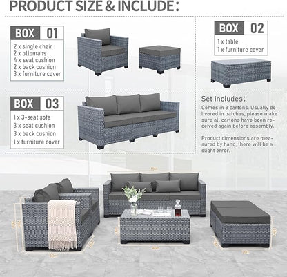 Lviden 6 Pieces Wicker Patio Furniture Sets Outdoor Conversation Set HDPE Rattan Sectional Sofa Couch with Storage Table and Grey Cushions