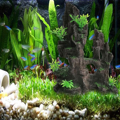 kathson Aquarium Mountain View Stone Resin Fish Tank Decoration Betta Hideout Caves Rockery Landscape Tree Rock Hiding Cave Decor for Small Fish Shrimp Play Ornament