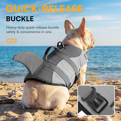 Dog Life Jacket Ripstop Shark Dog Safety Vest Adjustable Preserver with High Buoyancy and Durable Rescue Handle for Small,Medium,Large Dogs, Grey Shark Small