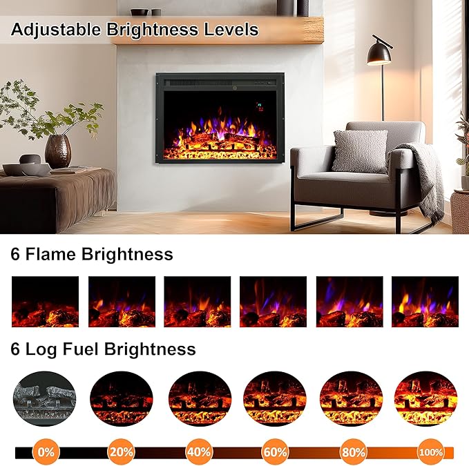 23.6 Inch Electric Fireplace Insert, Recessed Electric Fireplace Heater