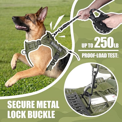Service Dog Tactical Vest Harness and Leash Set Large Sized Dog Emotional Support- Tactical Dog Harness Training Collar with Name (Army Green, XL)
